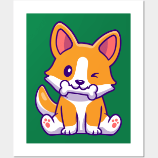 Cute Corgi Dog Eating Bone Cartoon Posters and Art